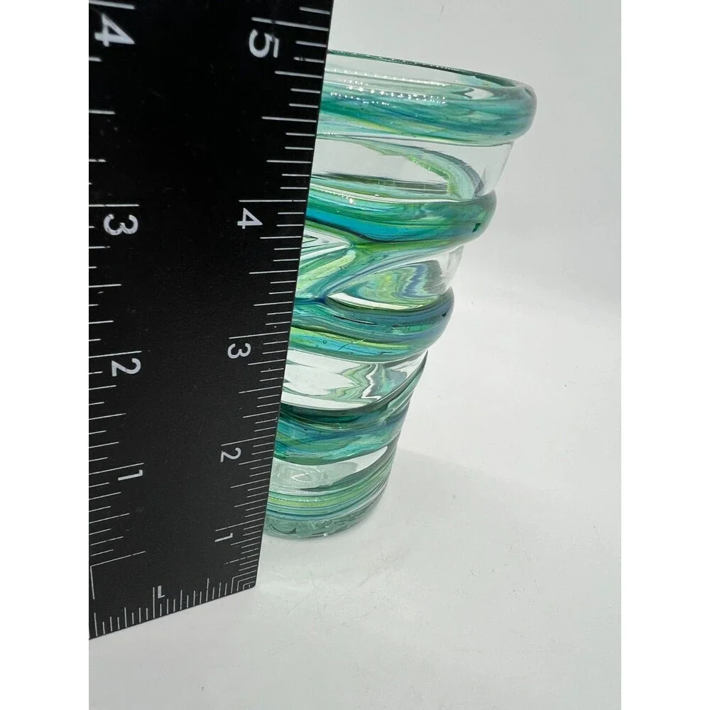 2 Hand mouth blown drinking glass blue green swirl stripes small vase art